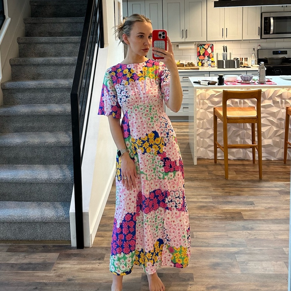 Flutter sleeve midi tea dress in mixed floral print, size s (us 4)